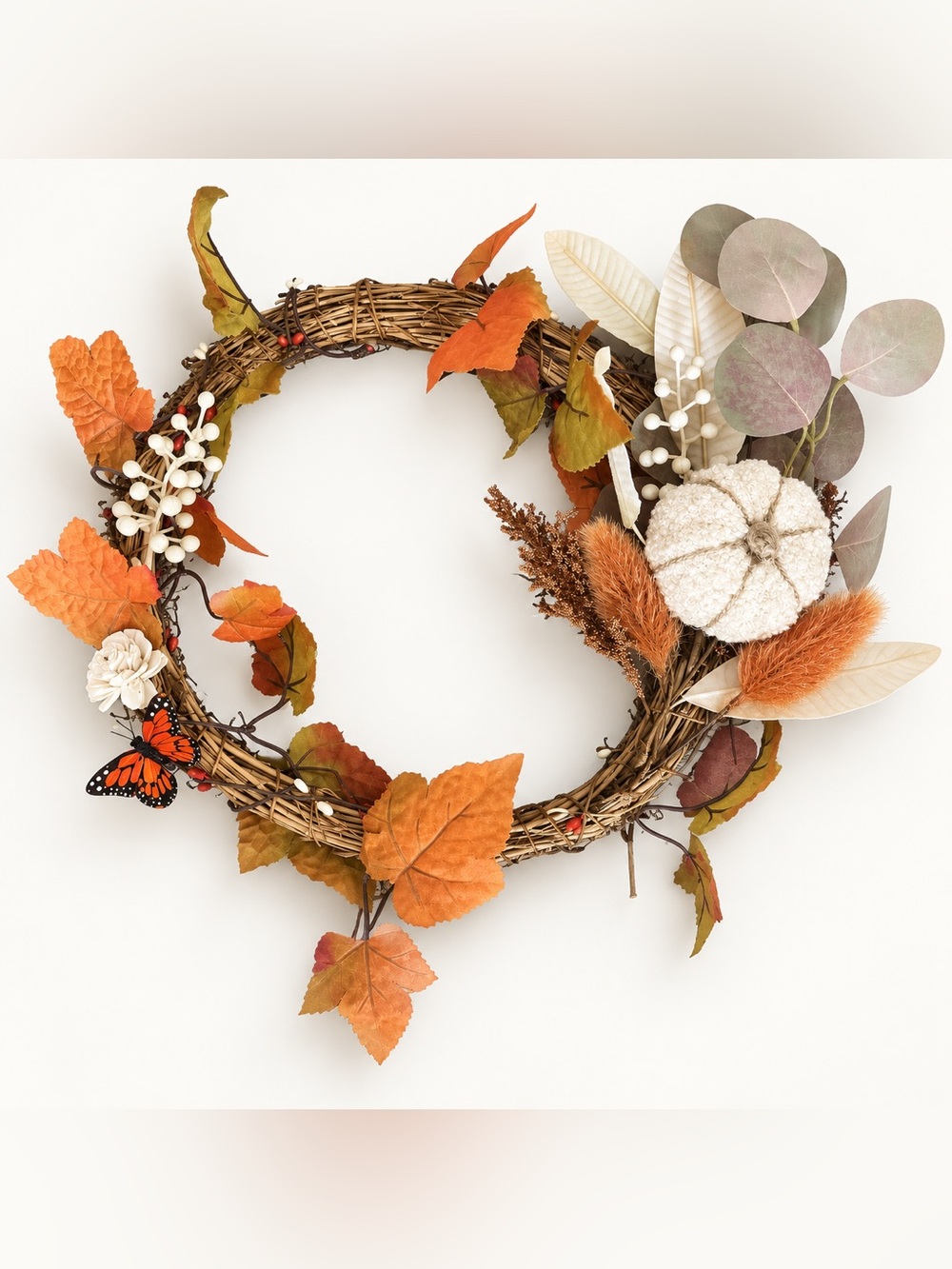 Autumn Harvest Fall Wreath with Orange Leaves and Cream Pumpkin
